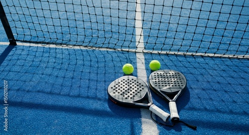 Two padel rackets and balls on a blue court near the net ready to play