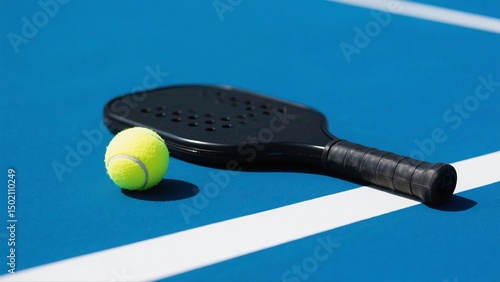 A  paddle and tennis ball on a blue court with a white line
