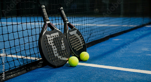 Obraz na plátně Two padel rackets and balls leaning against the net on a blue court