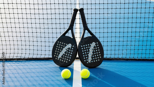 Two paddle rackets and balls on a blue court against a net backdrop