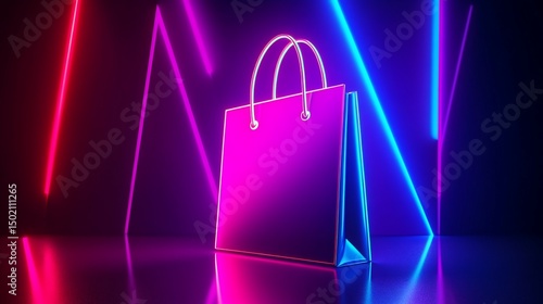 Neon shopping bag isolated on black background with colorful neon lights