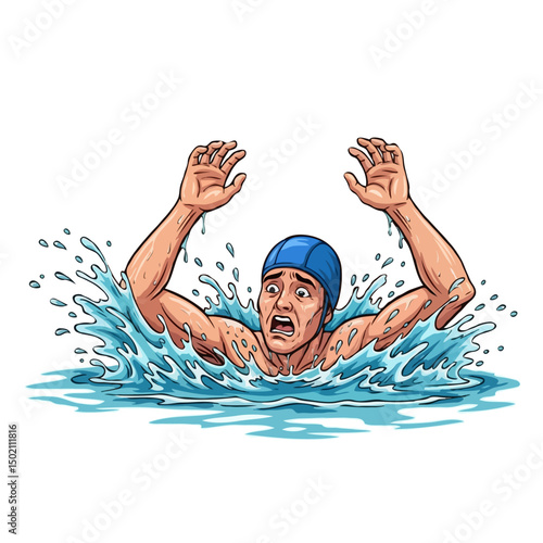 Stressed Man Drowning Vector Illustration, Swimming Hat, Splashing in Water Asking for Help on White Background