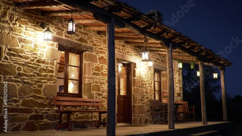 Picturesque Stone Cottage Exterior With Lanterns At Dusk Tranquility