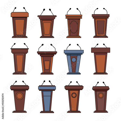 Fotografie Set of podium and lectern illustrations with microphones for debate, conference, speeches, presentations and public speaking event designs