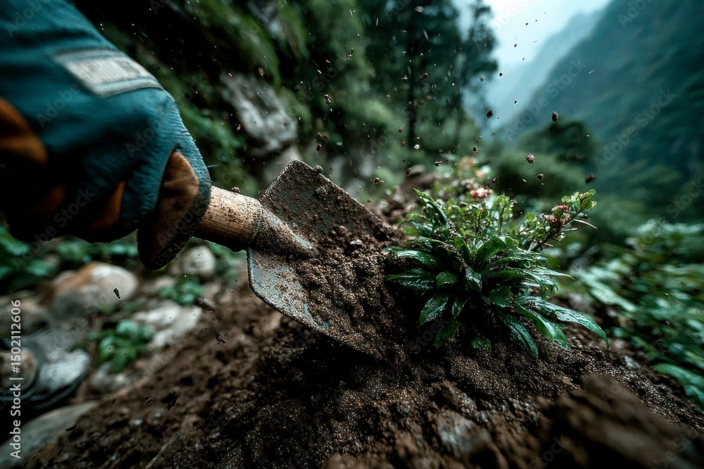 Fototapeta premium Gardening in Action A Gloved Hand Plants a Seedling with a Shovel Amidst Natures Backdrop
