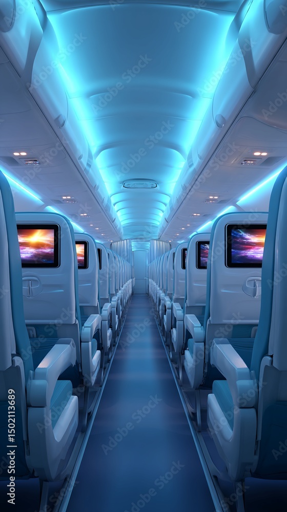 Fototapeta premium Airplane Cabin Interior with Blue Lighting and Passenger Seats