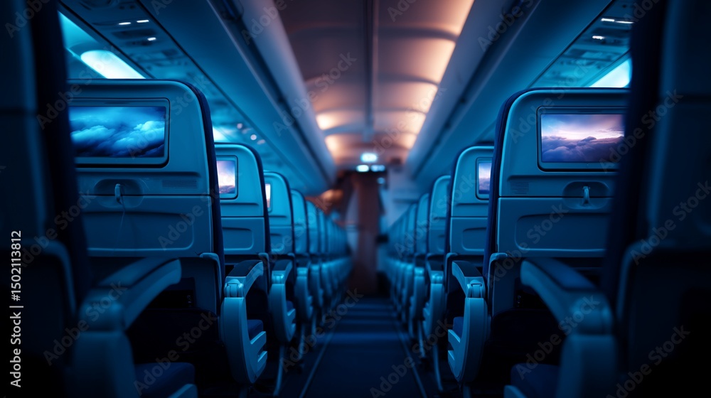 Fototapeta premium Airplane Cabin Interior with Passenger Seats and Screens