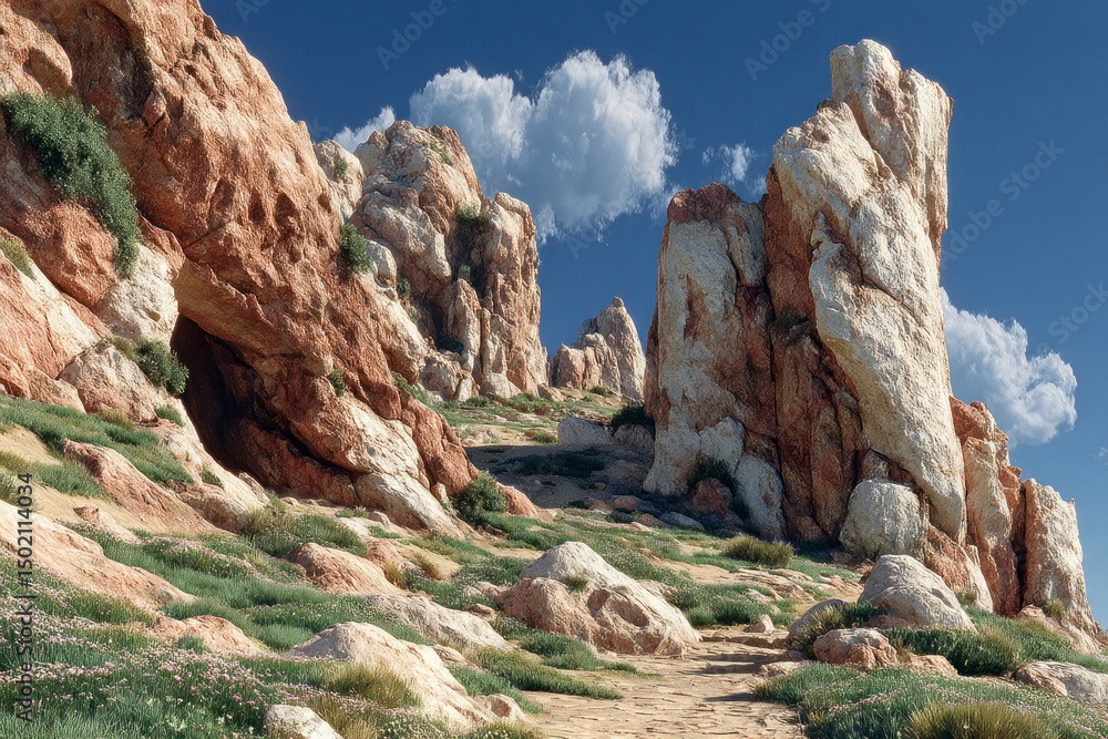 Fototapeta premium Majestic Rock Formations and Verdant Landscape Under a Clear Blue Sky with Fluffy Clouds