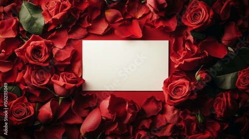 Fototapeta Naklejka Na Ścianę i Meble -  Romantic arrangement of red roses surrounding a blank card on a vibrant red background for special occasions