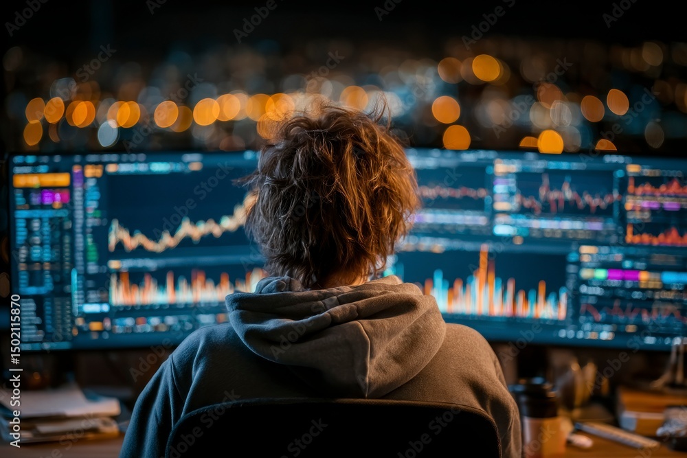 Obraz premium Trader Analyzing Financial Data on Dual Monitors at Night