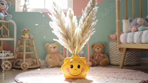 Playful Nursery Interior With Smiling Vase And Pampas Grass Arrangement