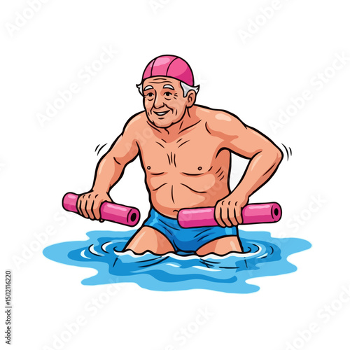 Senior man doing water aerobics with foam noodles, enjoying aqua fitness exercise, vector art on white