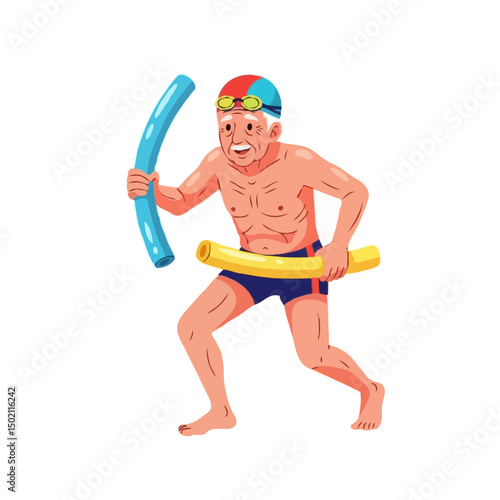 Senior Man Doing Water Aerobics Vector Illustration, Enjoying Aqua Exercise with Foam Noodles on White Background