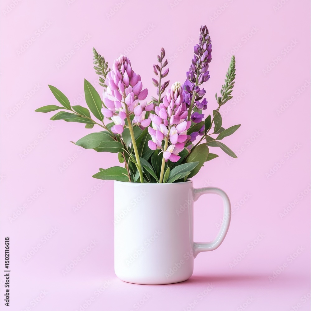 Obraz premium Lupine flowers in mug still life on white background