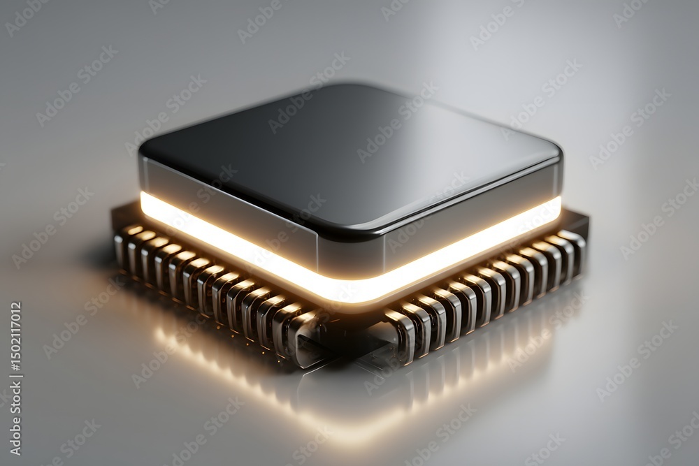 A minimalist scene featuring a futuristic AI chip on a sleek white surface. Soft ambient light highlights its metallic design, creating a clean, high-tech, and modern atmosphere with copy space. A minimalist scene featuring a futuristic AI chip on a sleek white surface. Soft ambient light highlights its metallic design, creating a clean, high-tech, and modern atmosphere with copy space.
