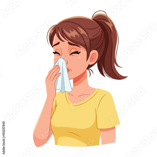 Cartoon young woman with rhinitis blowing nose using tissue napkin, sick and suffering, vector art