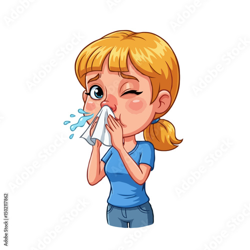 Young Sick Woman Blowing Nose Vector Illustration, Cartoon Character with Rhinitis on White Background, Health and Illness Concept