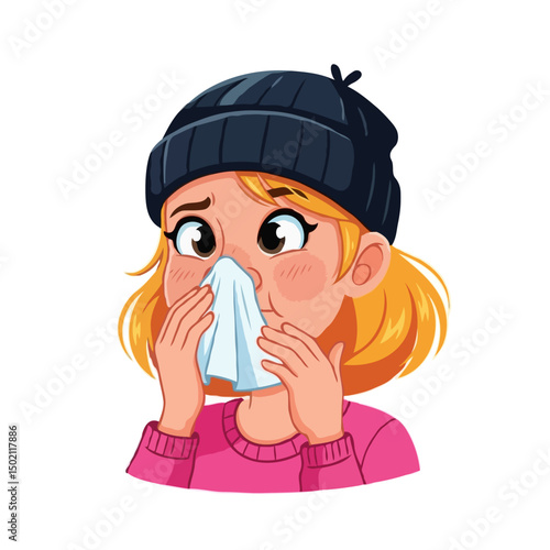 Young Sick Woman Blowing Nose Vector Illustration, Cartoon Character with Rhinitis on White Background, Health and Illness Concept
