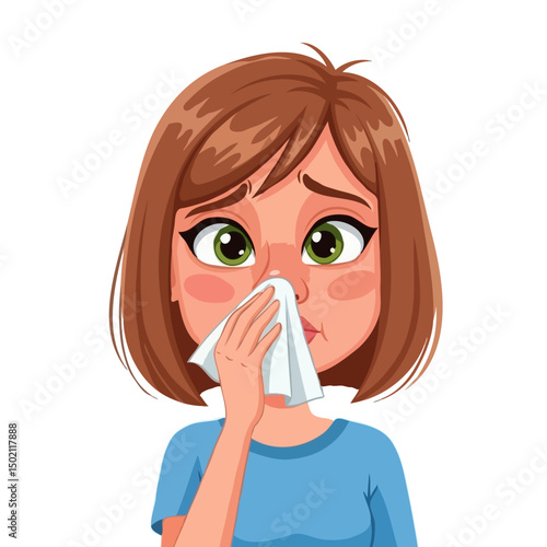 Young Sick Woman Blowing Nose Vector Illustration, Cartoon Character with Rhinitis on White Background, Health and Illness Concept