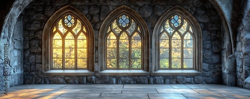 Gothic stone hall, sunrise, windows