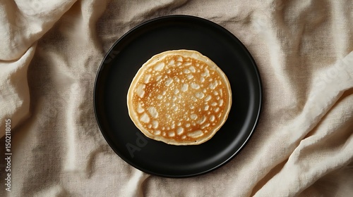 A single pancake on a black plate