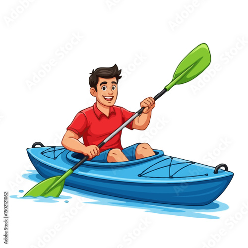 Cartoon happy man kayaking in boat paddling on water, vector art isolated on white background