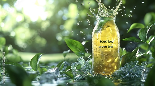Refreshing iced green tea in a glass bottle amidst nature.