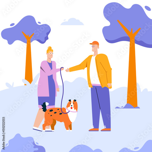 Woman gives dog leash to man working at pet sitting service