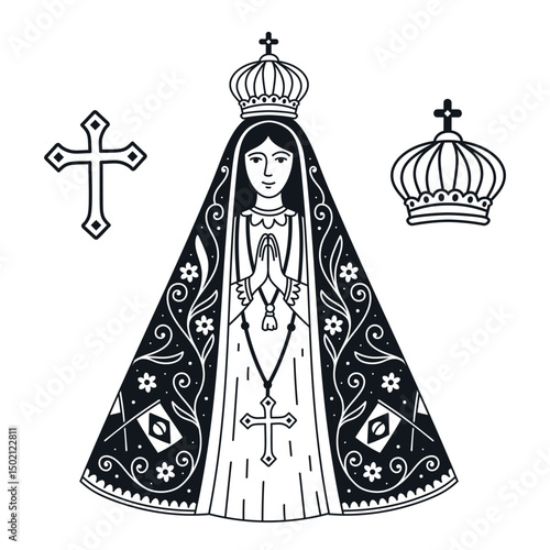 Traditional illustration of Our Lady of Aparecida, Patroness of Brazil. Catholic religious art. Isolated vector, flat style with contours..eps
