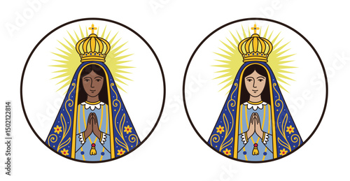 Vector illustration of Our Lady of Aparecida, Catholic saint patron of Brazil. Virgin Mary. Beautiful circular vector for logos, icons, prints, posts, cards.eps