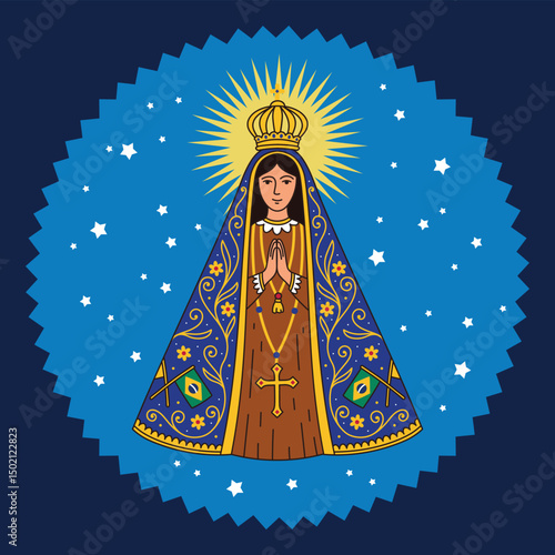 Virgin Mary Aparecida. Patroness of Brazil. Vector illustration in flat hand-drawn style. Ready-made vector for prints, logos, icons, fabric, decoration, religious items..eps