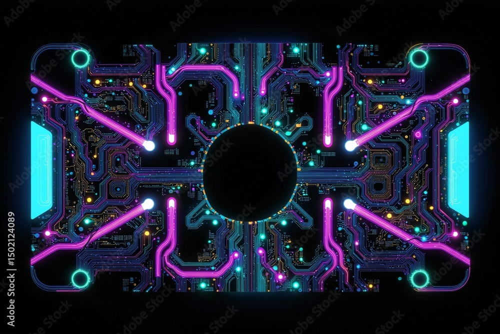 Fototapeta premium Abstract neon circuit board pattern 
