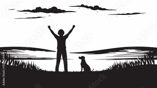 Silhouette of person with arms raised and dog sitting in a field near a lake under a cloudy sky created with generated ai