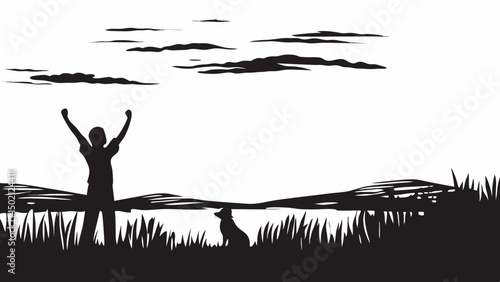 Silhouette of person with arms raised next to dog in field with hills and clouds in the background scene created with generated ai