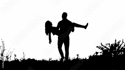 Man carrying woman in his arms silhouette in a field of grass and plants in black and white created with generated ai