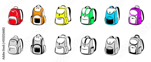 Backpacks icon collection in vibrant colors and monochrome in eye-catching design for travel and education concept