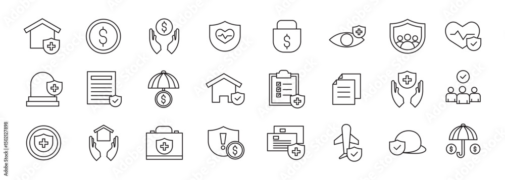 A collection of Insurance icons in line style. Insurance and assurance icons for web and mobile app. Protection of health, life, property, car, home, travel insurance icons and more isolated on white A collection of Insurance icons in line style. Insurance and assurance icons for web and mobile app. Protection of health, life, property, car, home, travel insurance icons and more isolated on white
