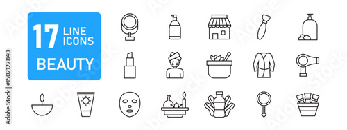 A collection of beauty icons in line style. Cosmetics services Spa icons for web and mobile app. Spa treatments, skin care, massage, cosmetology and more isolated on white background