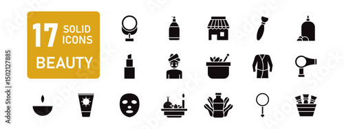 A collection of beauty icons in solid style. Cosmetics services Spa icons for web and mobile app. Spa treatments, skin care, massage, cosmetology and more isolated on white background
