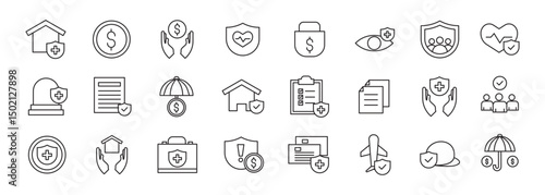 A collection of Insurance icons in line style. Insurance and assurance icons for web and mobile app. Protection of health, life, property, car, home, travel insurance icons and more isolated on white 