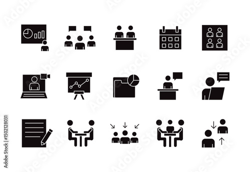 A collection of meeting icons in solid style. business meeting, classroom, team, interview, conference, work, discussion and more isolated on white background