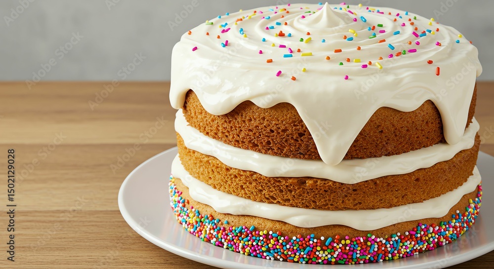 Three Layer Cake with White Frosting and Sprinkles Three Layer Cake with White Frosting and Sprinkles