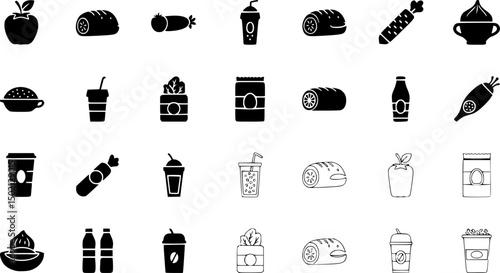 Food and beverage solid icons set – silhouette, filled, snack and meal symbols

