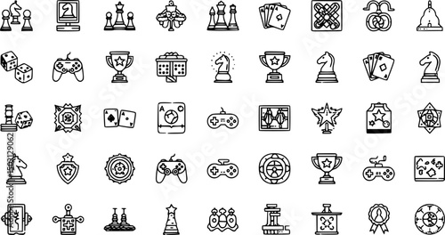 Gaming and entertainment icon set – linear style video games and leisure symbols for fun activities, consoles, and achievements: joystick, game controller, trophy, heart, start button