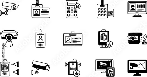 Security and access control solid icons set – flat, filled, surveillance symbols
