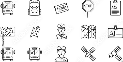 Set of outline icons related to navigation, gps, location, route. Linear icon collection. Editable stroke. Vector illustration