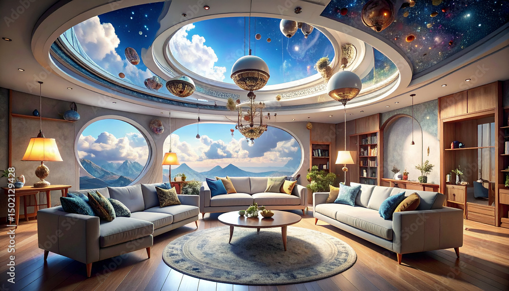 Obraz premium Luxurious interior with sofas round windows and a celestial ceiling design.