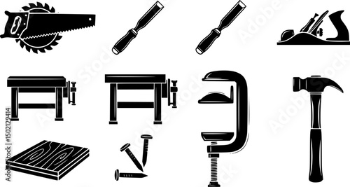 Carpentry tools solid icon set – silhouette woodworking, diy, and craftsmanship symbols for builders: saw blade, chisel, plane, workbench, clamp, wood board, nails, hammer.