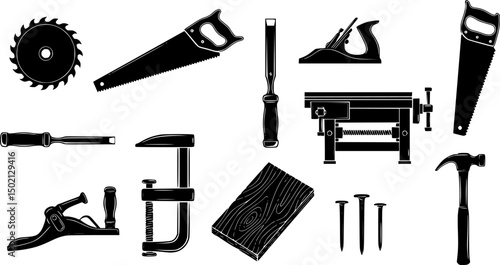 Carpentry tools solid icon set – silhouette woodworking, diy, and craftsmanship symbols for builders: saw blade, chisel, plane, workbench, clamp, wood board, nails, hammer.