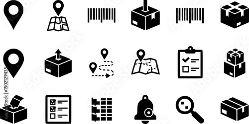 Shipping and logistics solid icon set – silhouette style for delivery, supply chain, and inventory management: location pin, barcode, package, map route, checklist, notification bell, search. 